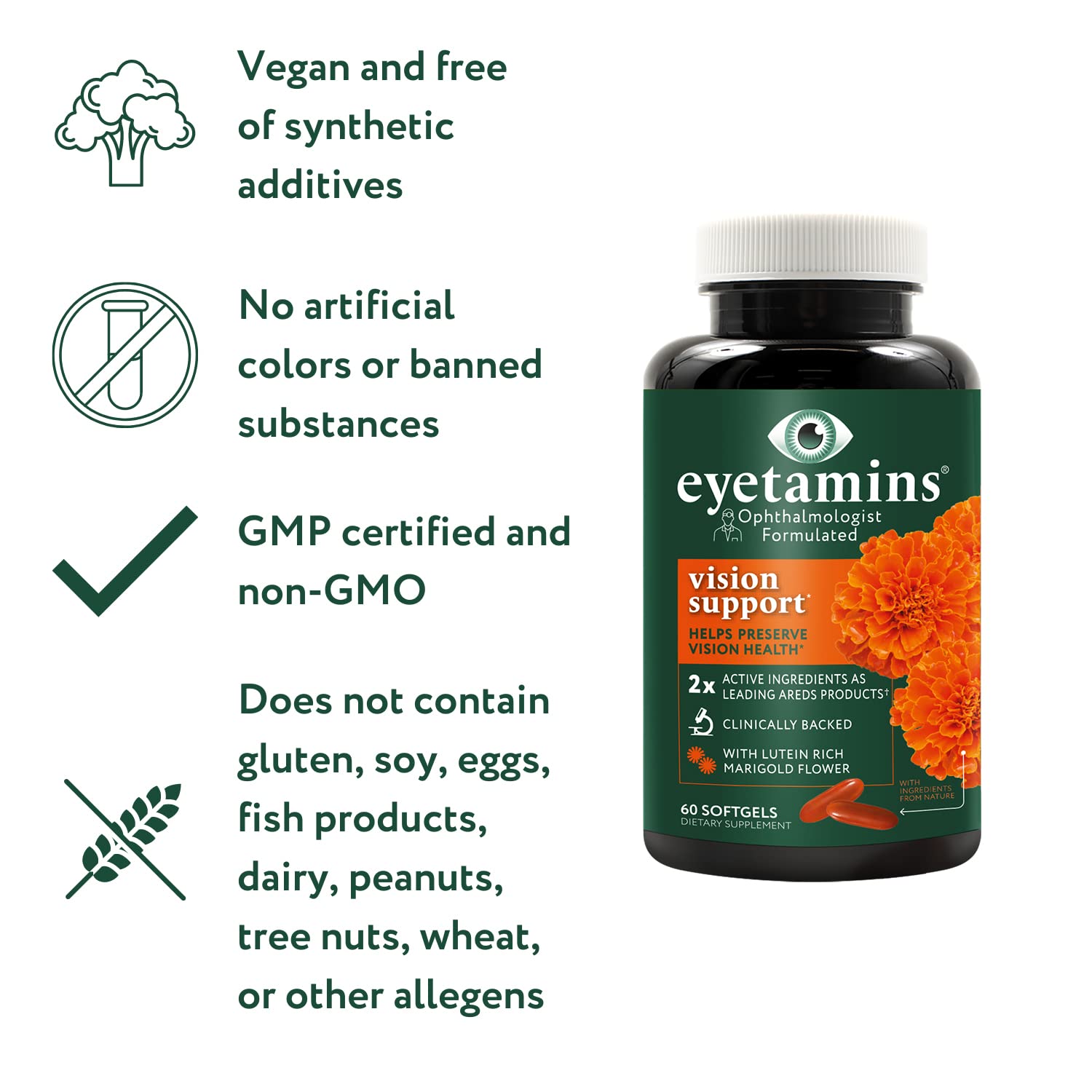 eyetamins Vision Support boxed packaging and bottle for convenient daily use on the go.