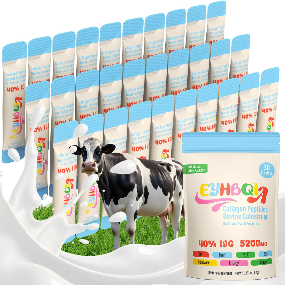 EYHBQIA collagen-colostrum powder packets ready for daily wellness and gut support
