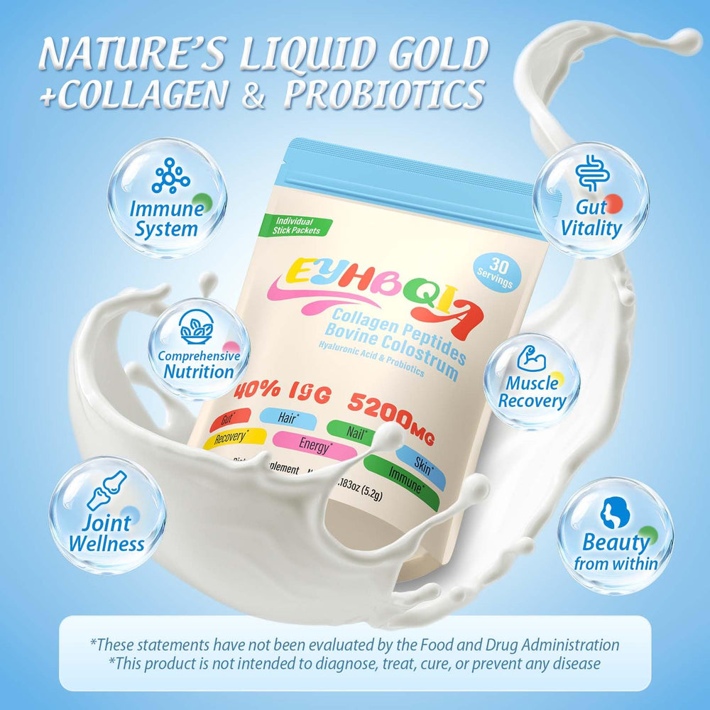EYHBQIA grass-fed bovine colostrum ingredients displayed for clean, ethical nutrition