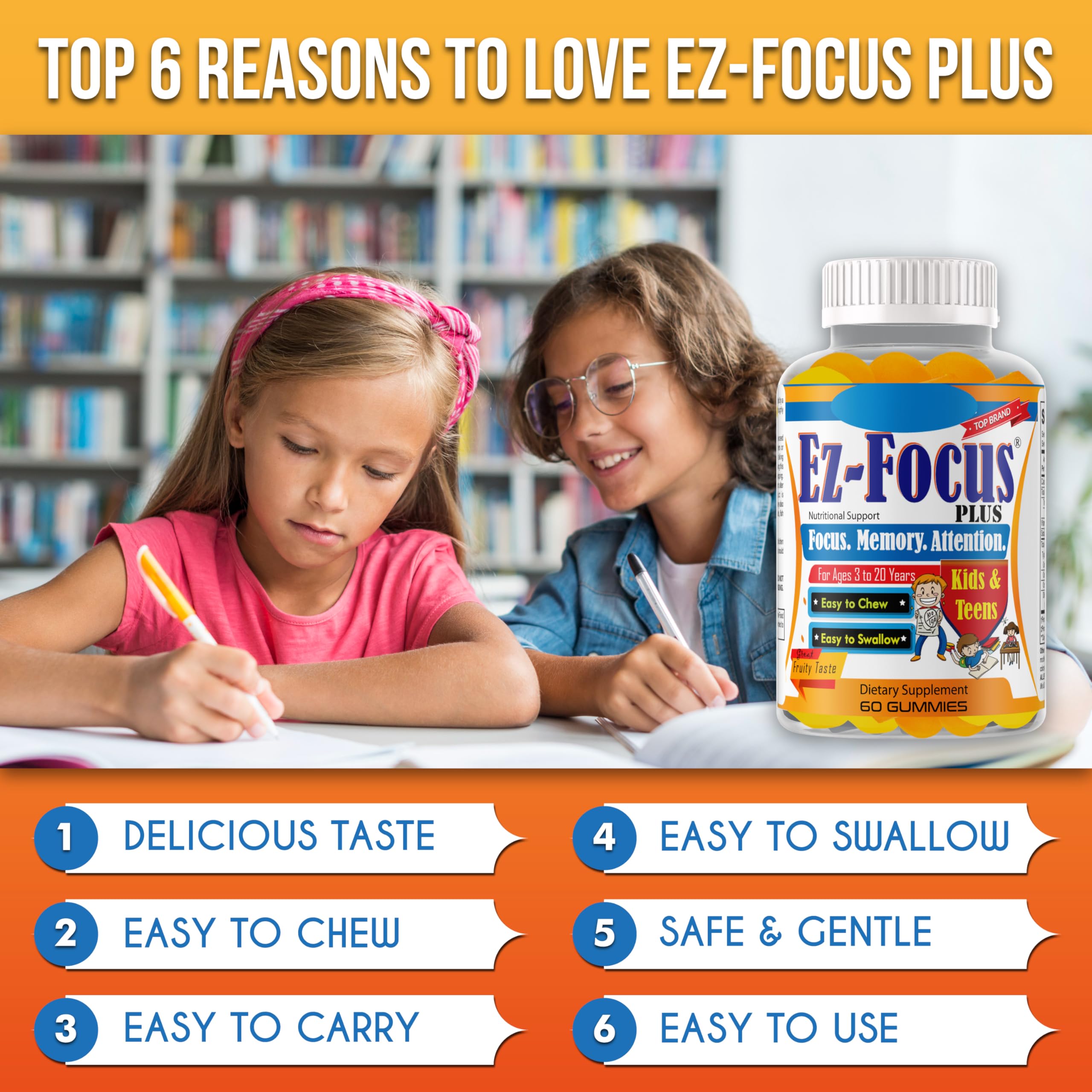 Ez-Focus Plus focus gummies closeup communicates omega-3 support for healthy brain function
