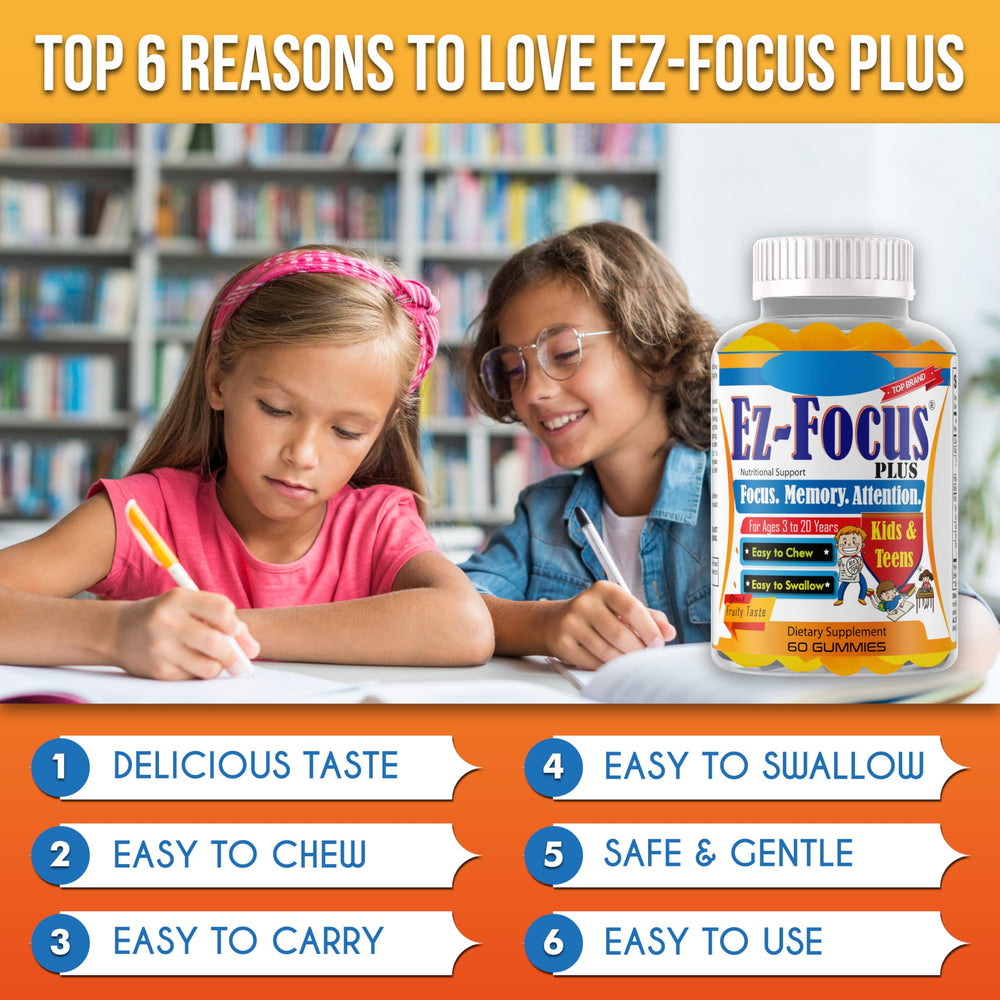 Ez-Focus Plus focus gummies closeup communicates omega-3 support for healthy brain function