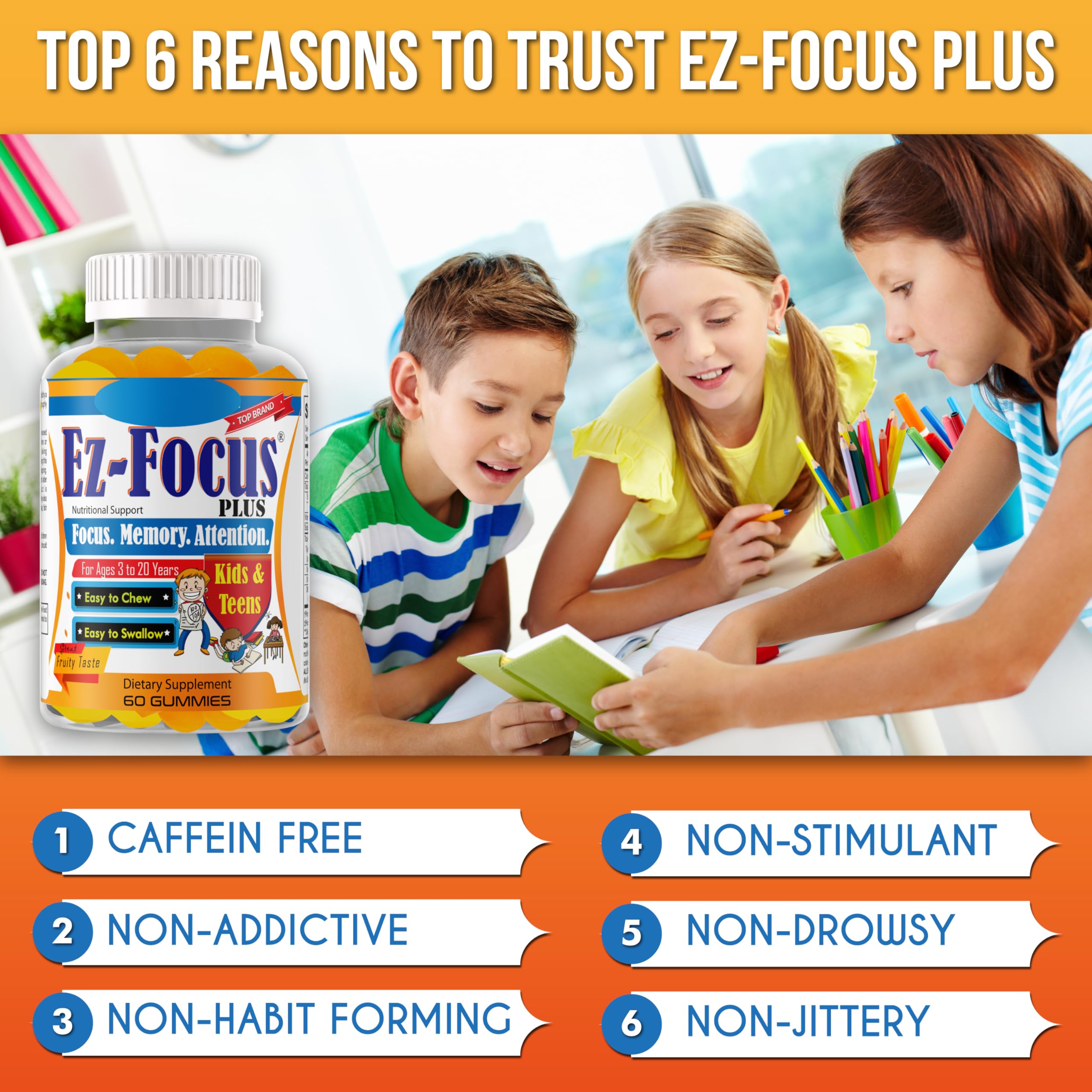Ez-Focus Plus non-stimulant label emphasizes caffeine-free, non-habit forming formulation