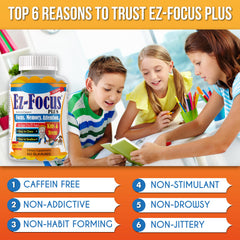 Ez-Focus Plus non-stimulant label emphasizes caffeine-free, non-habit forming formulation