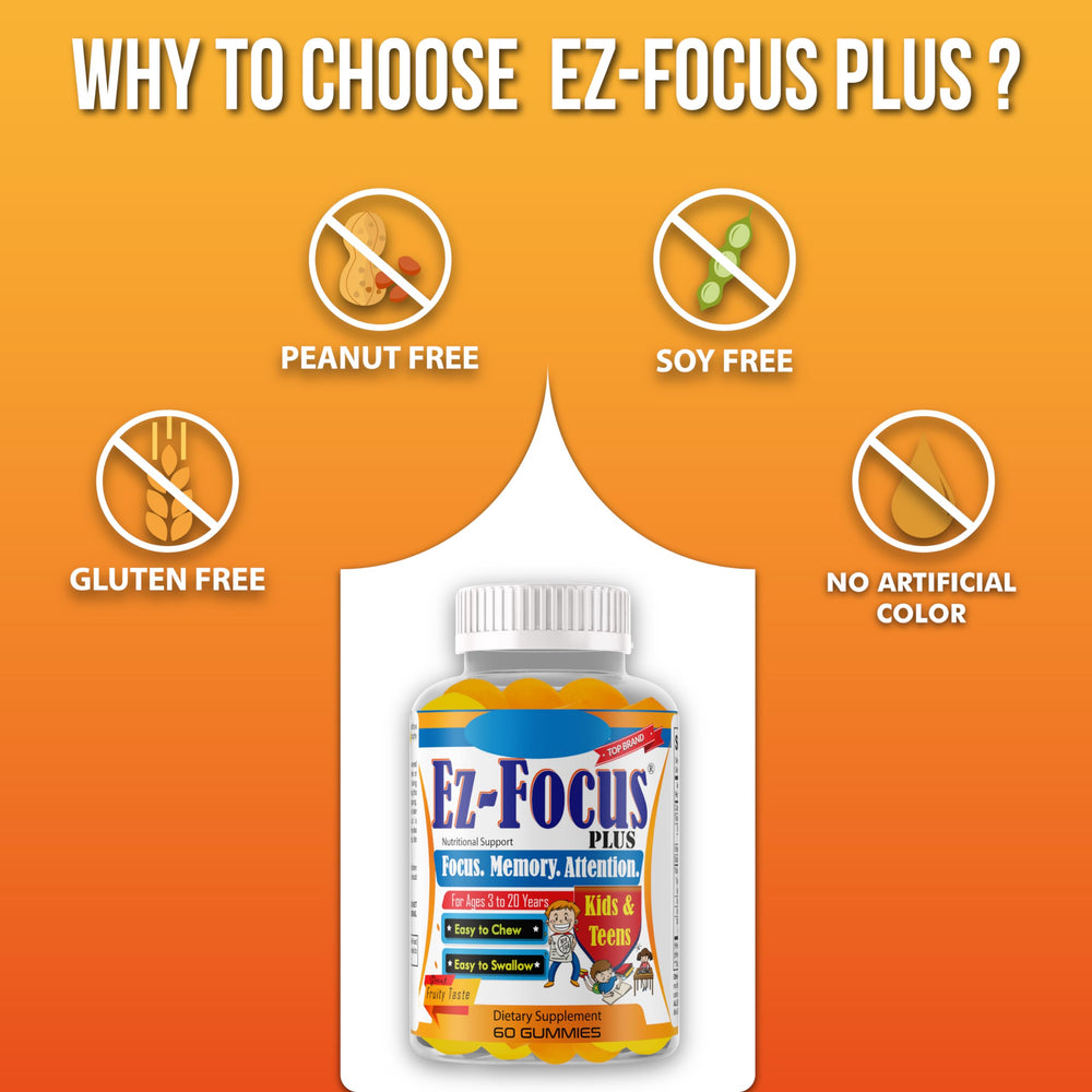 Ez-Focus Plus omega3 bottle text shows DHA and EPA content for brain health
