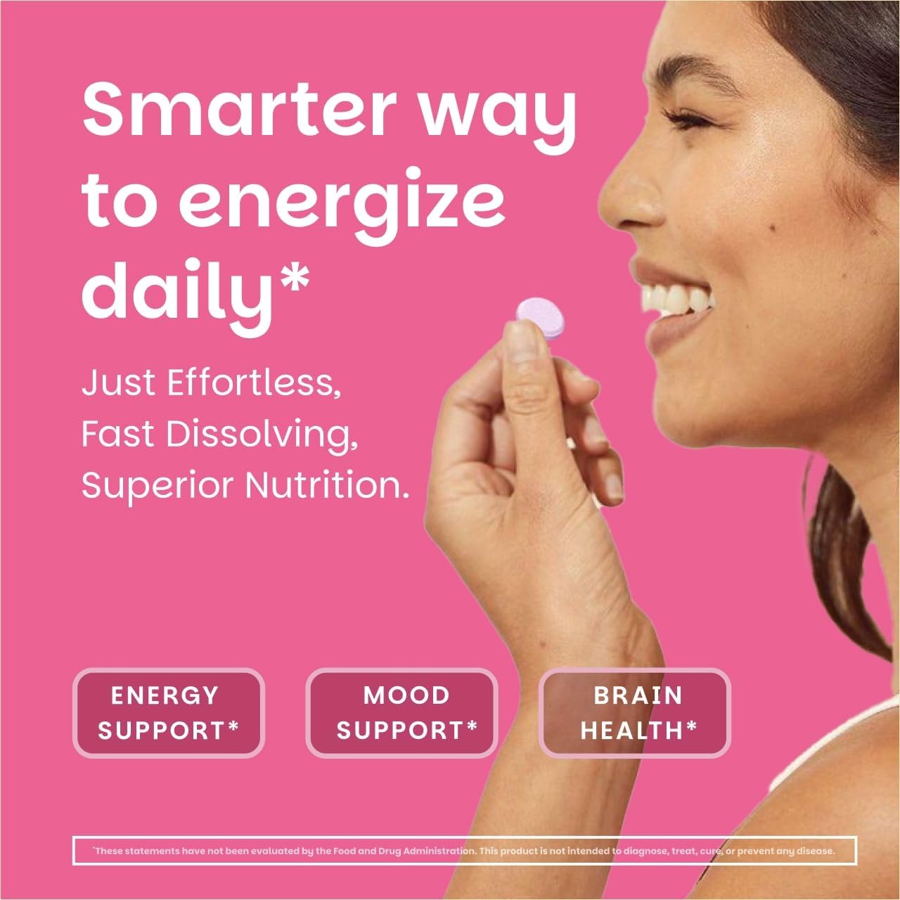 EZ Melts B12 tablet closeup showing compact, vegan, non-GMO supplement benefits