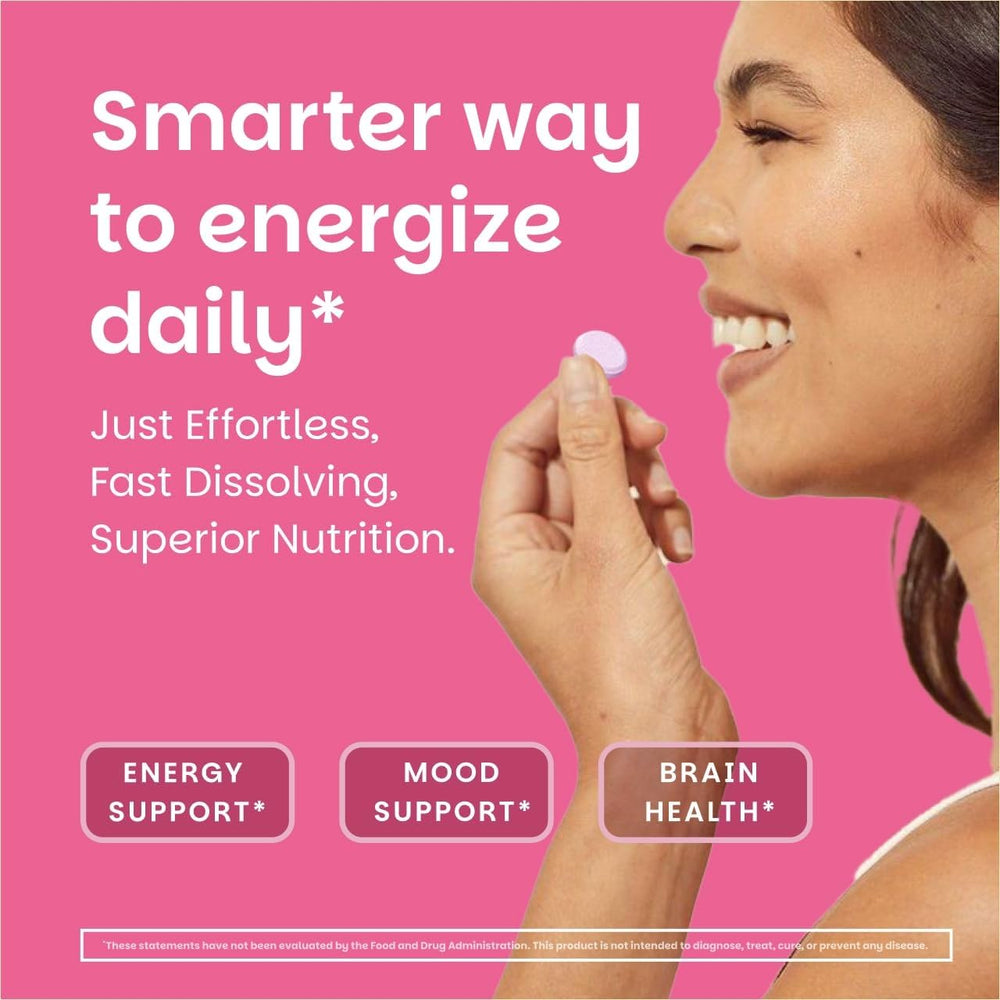 EZ Melts B12 tablet closeup showing compact, vegan, non-GMO supplement benefits
