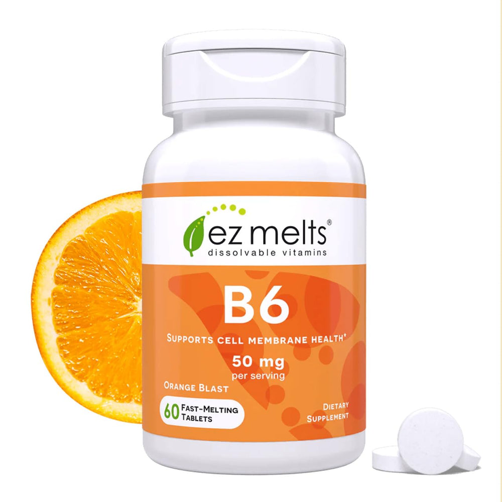 EZ Melts Vitamin B6 orange blast tablet dissolves quickly for daytime energy support.