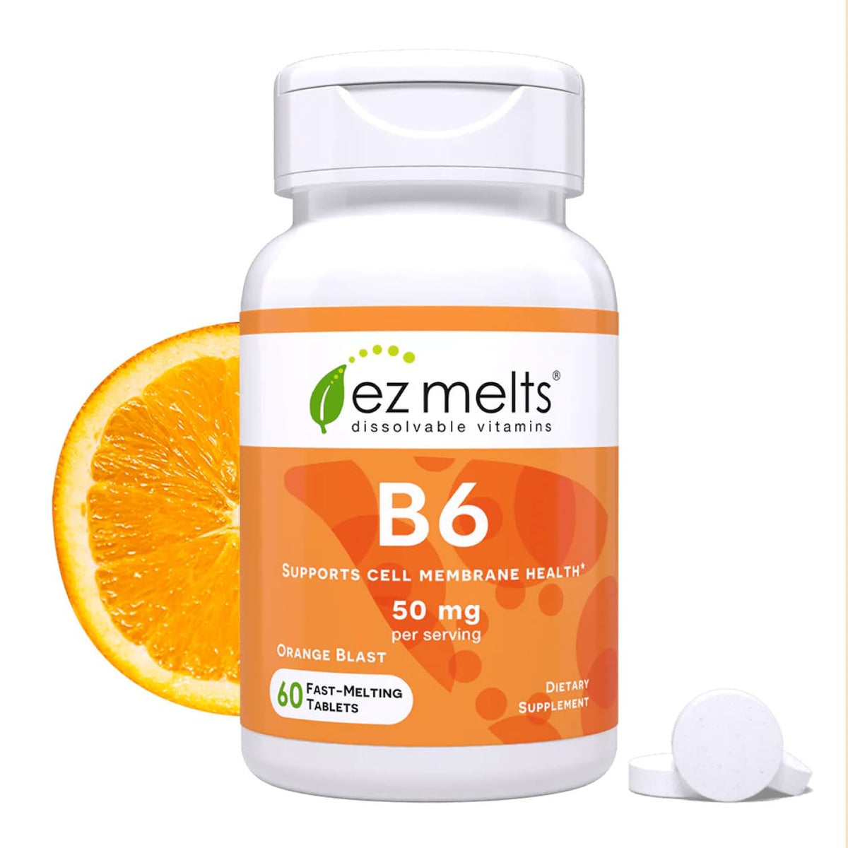 EZ Melts Vitamin B6 orange blast tablet dissolves quickly for daytime energy support.