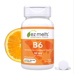 EZ Melts Vitamin B6 orange blast tablet dissolves quickly for daytime energy support.