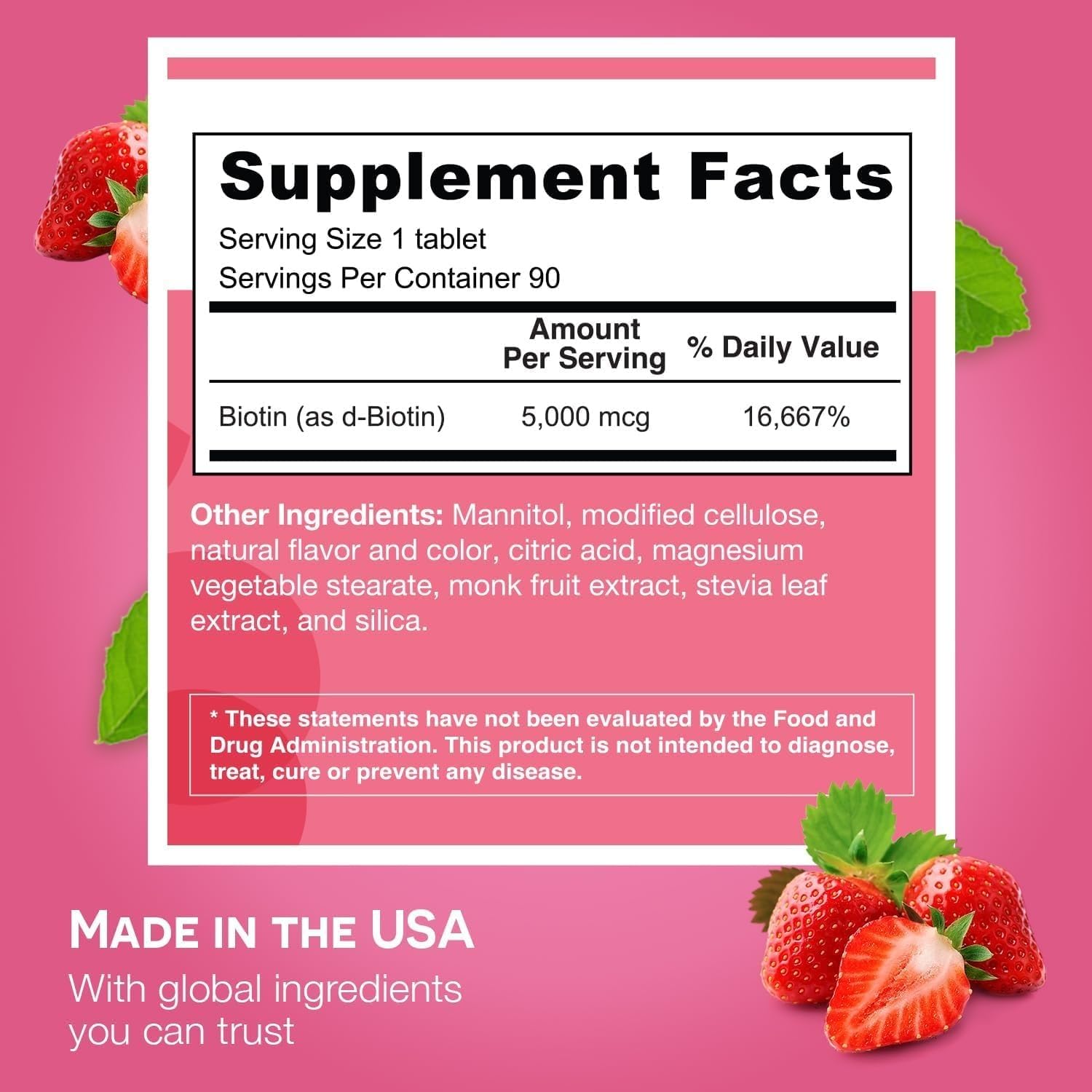 EZ Melts Biotin bottle showing strawberry burst flavor and no-water use.