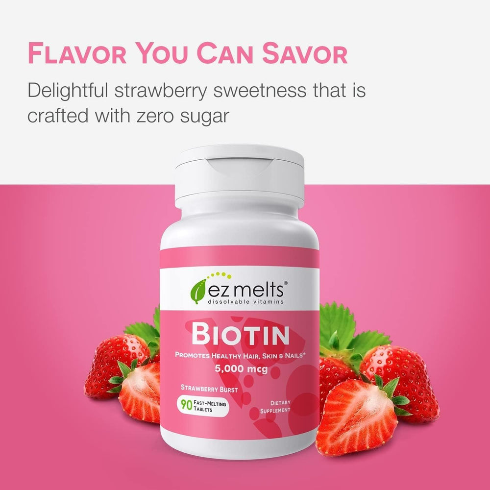 EZ Melts Biotin promotes hair, skin, nails in lifestyle imagery.