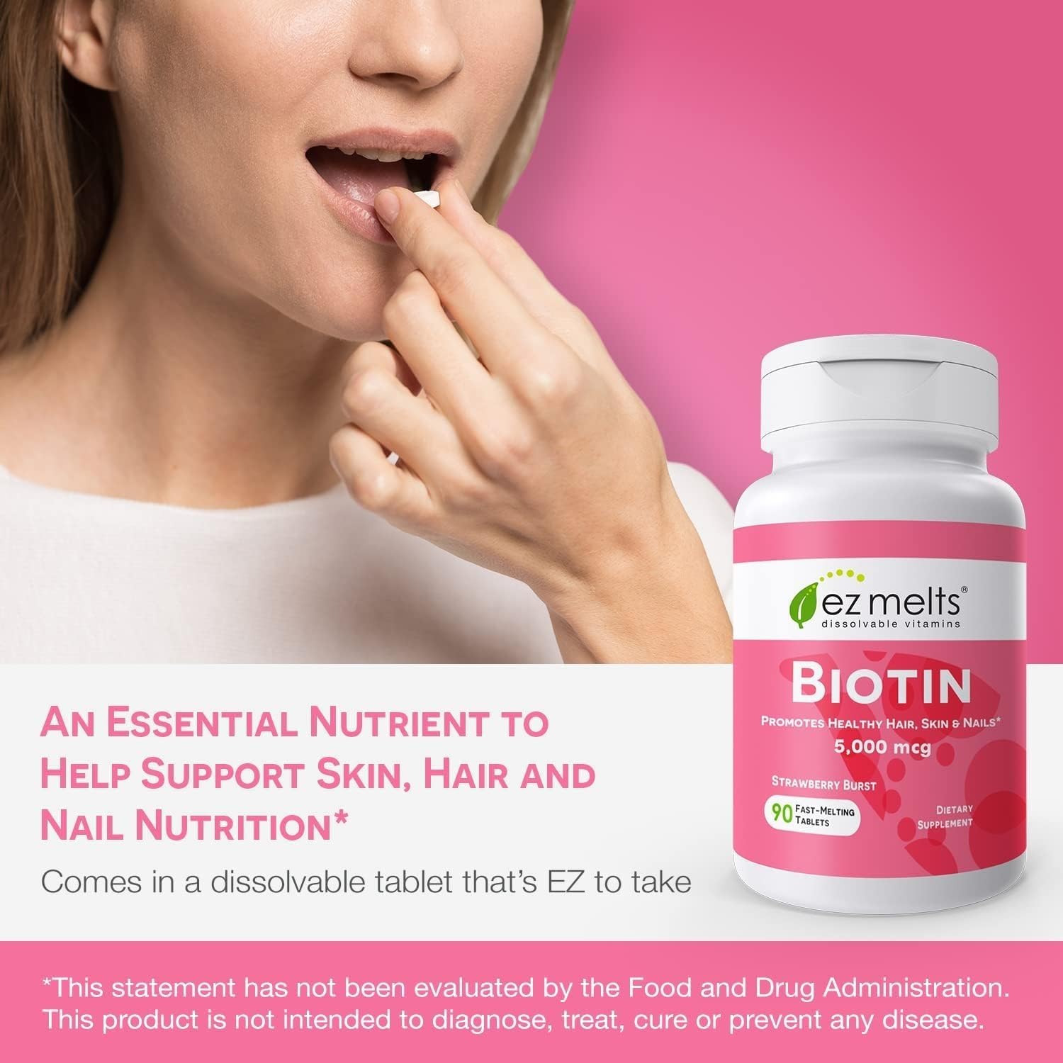 EZ Melts Biotin vegan, non-GMO, gluten-free on product label for clean nutrition.