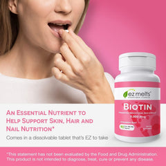 EZ Melts Biotin vegan, non-GMO, gluten-free on product label for clean nutrition.