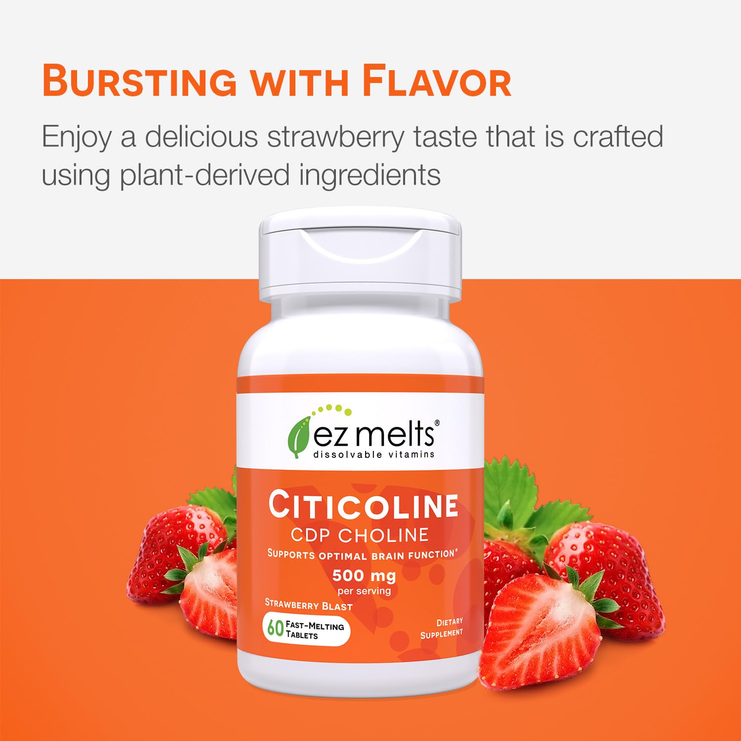 EZ Melts Citicoline vegan and non-GMO icons on label