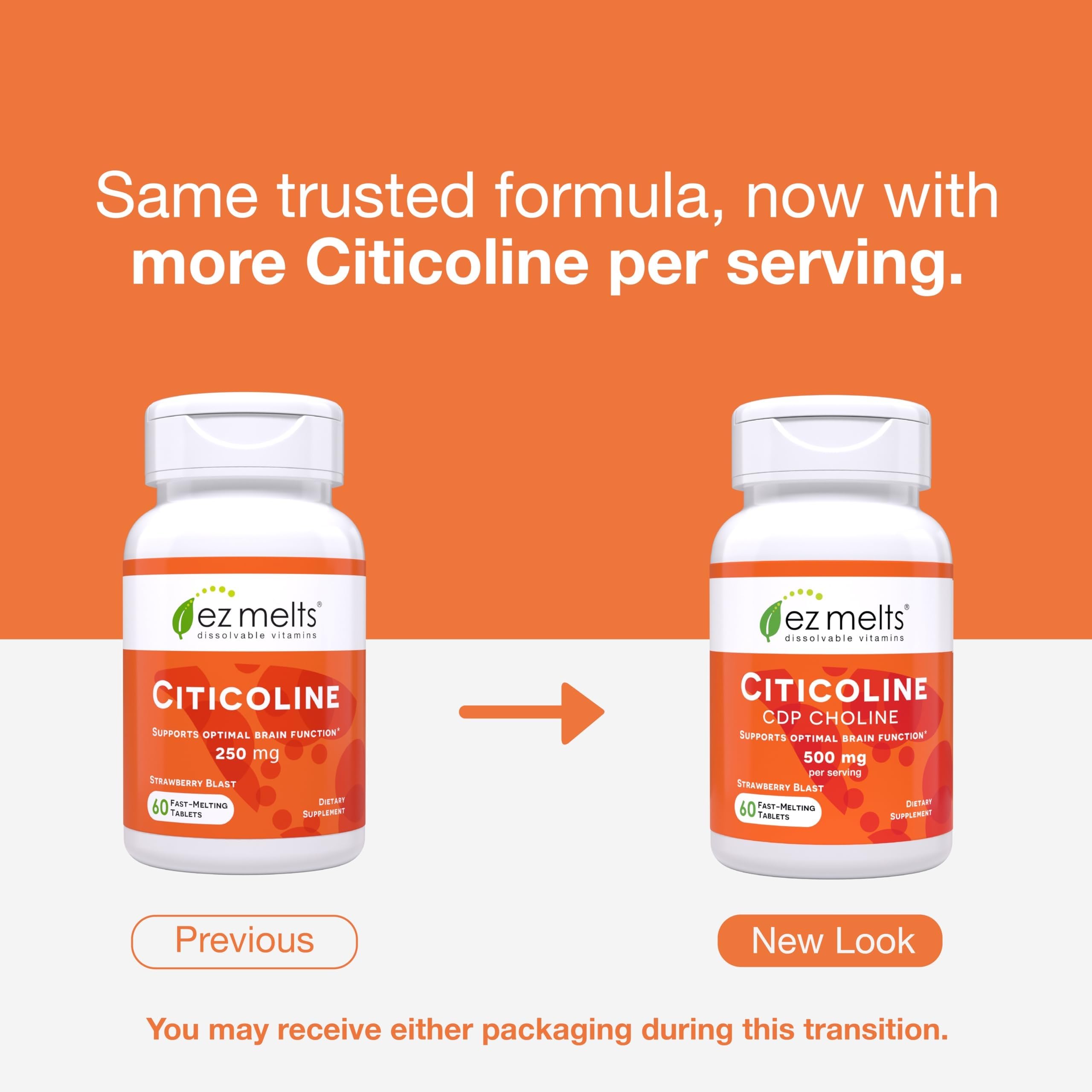 EZ Melts Citicoline label shows Non-GMO & vegan certification.