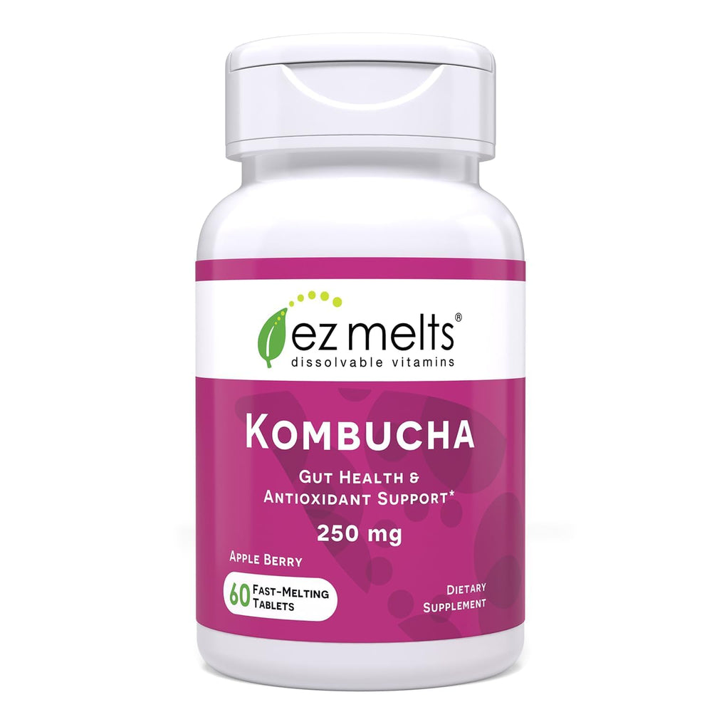EZ Melts dissolvable kombucha tablet close-up showing quick flavor release.