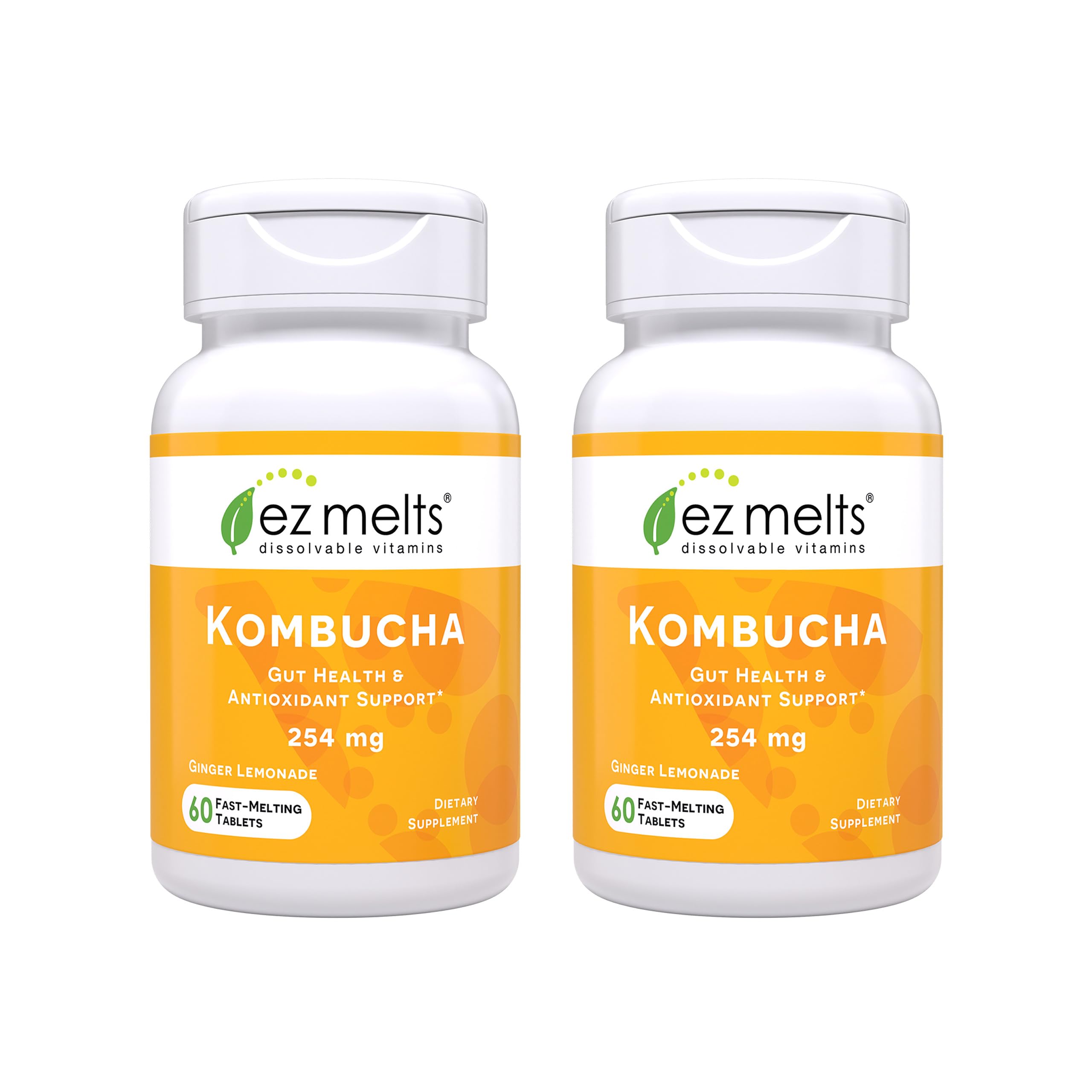 EZ Melts dissolvable kombucha tablets in ginger lemonade flavor, a convenient 2-pack for on-the-go digestion.