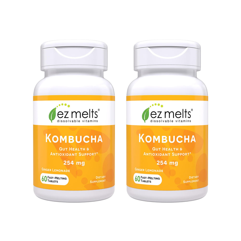 EZ Melts dissolvable kombucha tablets in ginger lemonade flavor, a convenient 2-pack for on-the-go digestion.