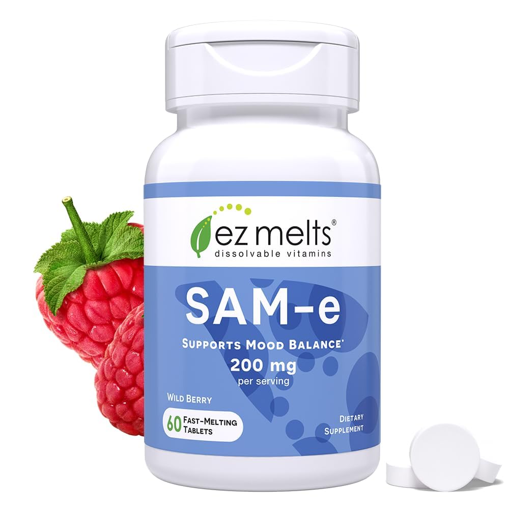 EZ Melts SAM-e 200 mg dissolvable tablets in bottle for easy daily use and mood support
