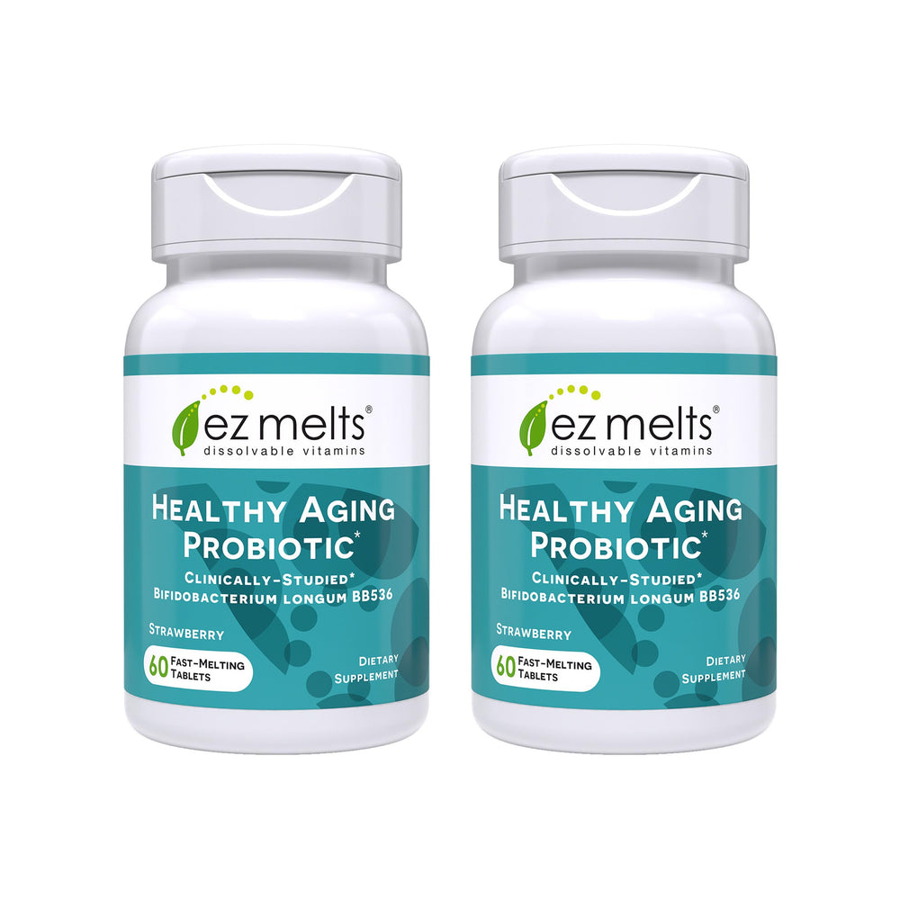 EZ Melts Healthy Aging Probiotic bottle with strawberry flavor enhances on-the-go wellness.