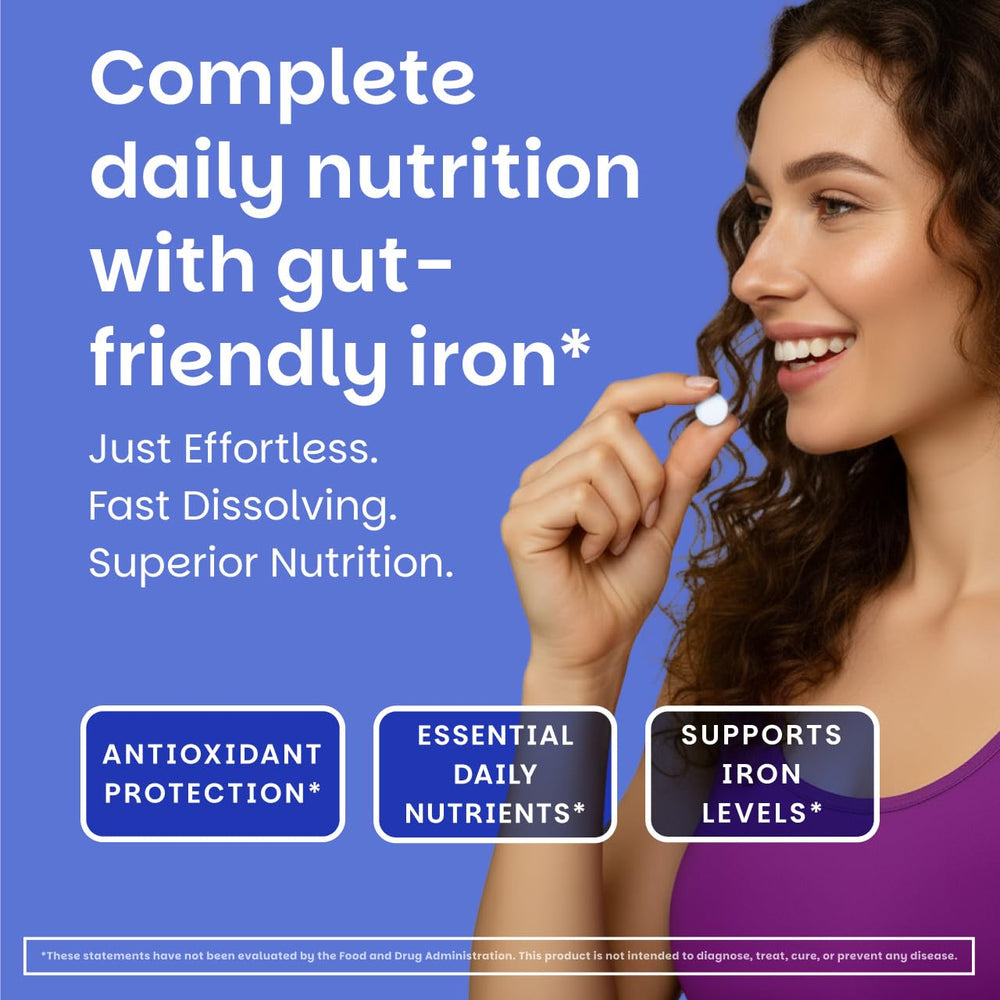 EZ Melts Iron-Free label highlights iron-free daily vitamin.