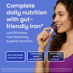 EZ Melts Iron-Free label highlights iron-free daily vitamin.