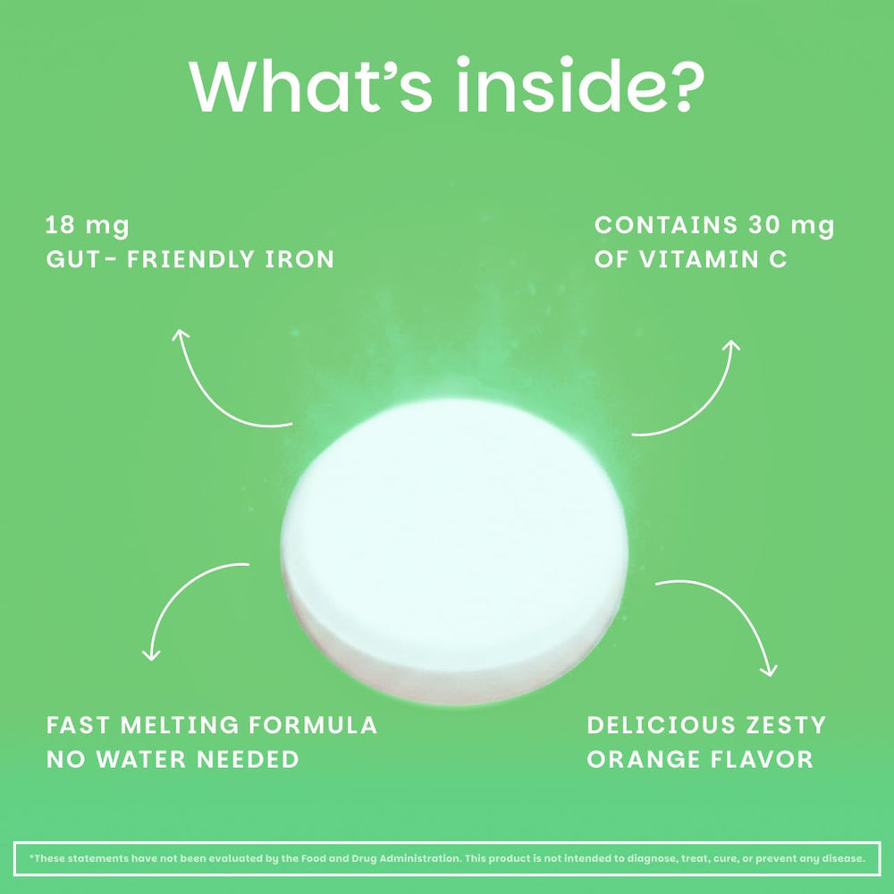 EZ Melts Iron plant-based formula gentle on stomach with vitamin C.