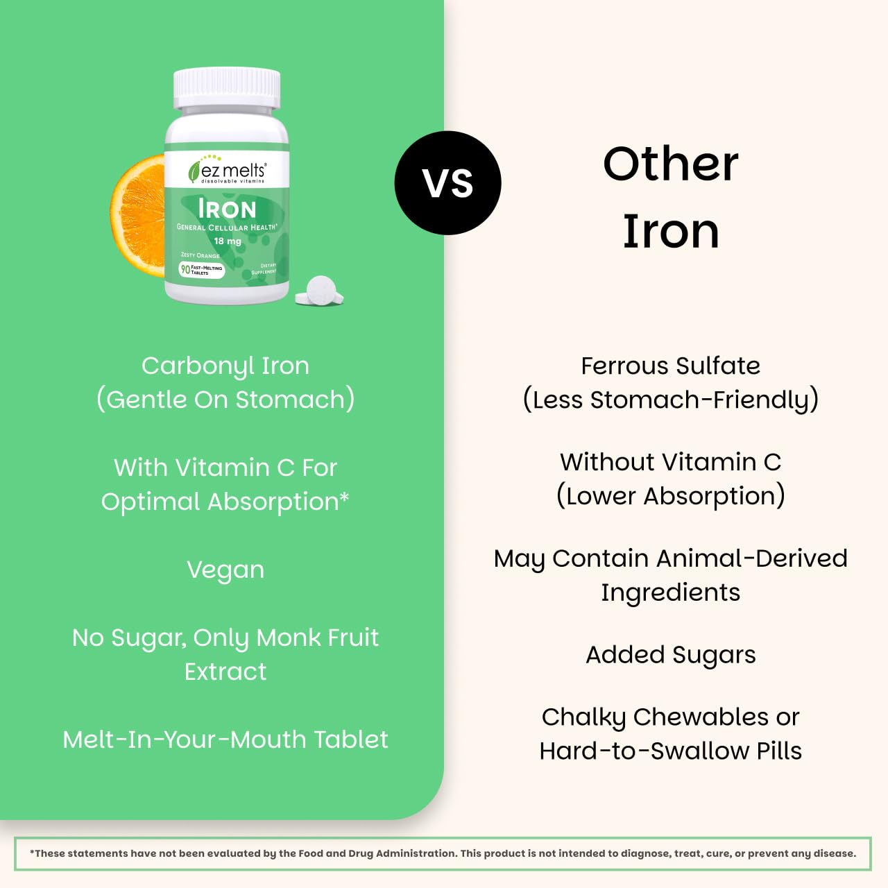 EZ Melts Iron vegan non-GMO supplement for clean daily iron support.