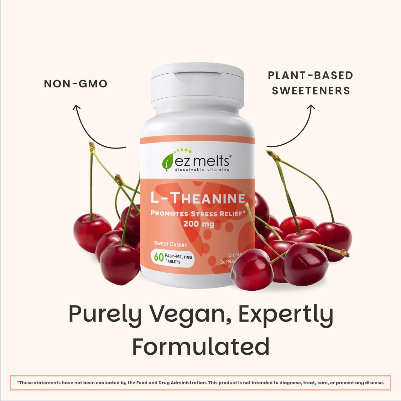 EZ Melts L-Theanine vegan non-GMO badge signals clean, plant-based option