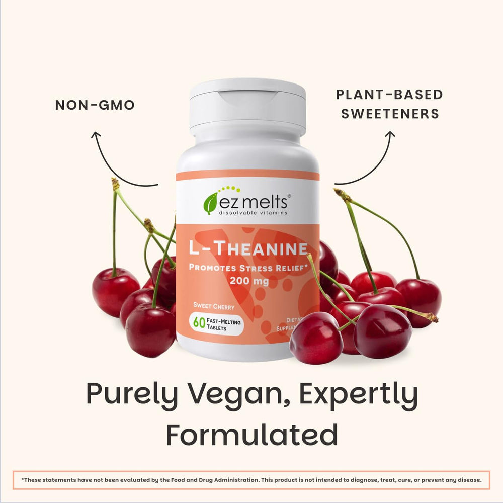 EZ Melts L-Theanine vegan non-GMO badge signals clean, plant-based option