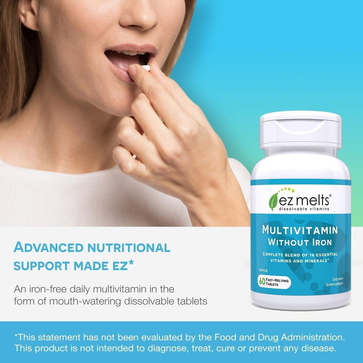EZ Melts Multivitamin sin hierro, uso diario para estilo de vida activo.