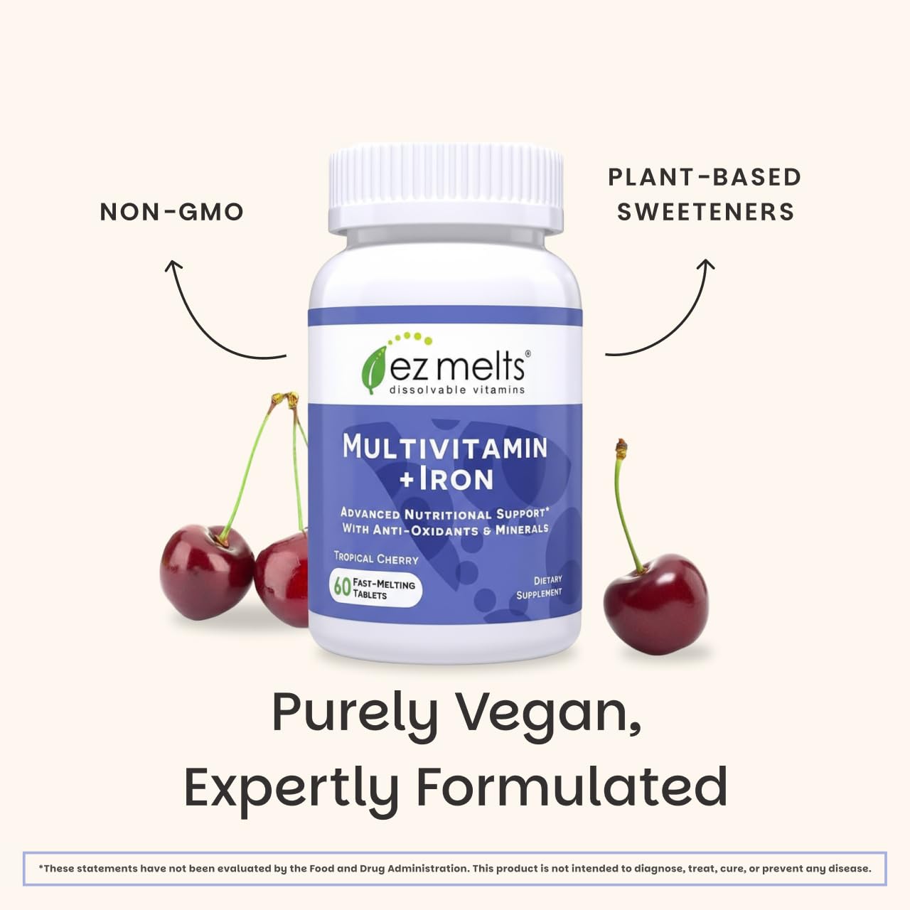 Nutrition facts label shown on EZ Melts bottle.