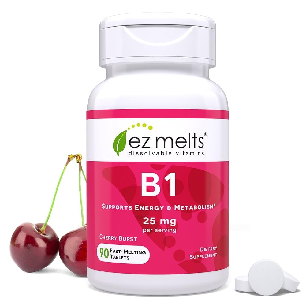 EZ Melts Vitamin B1 dissolving tablet in bottle for on-the-go support.