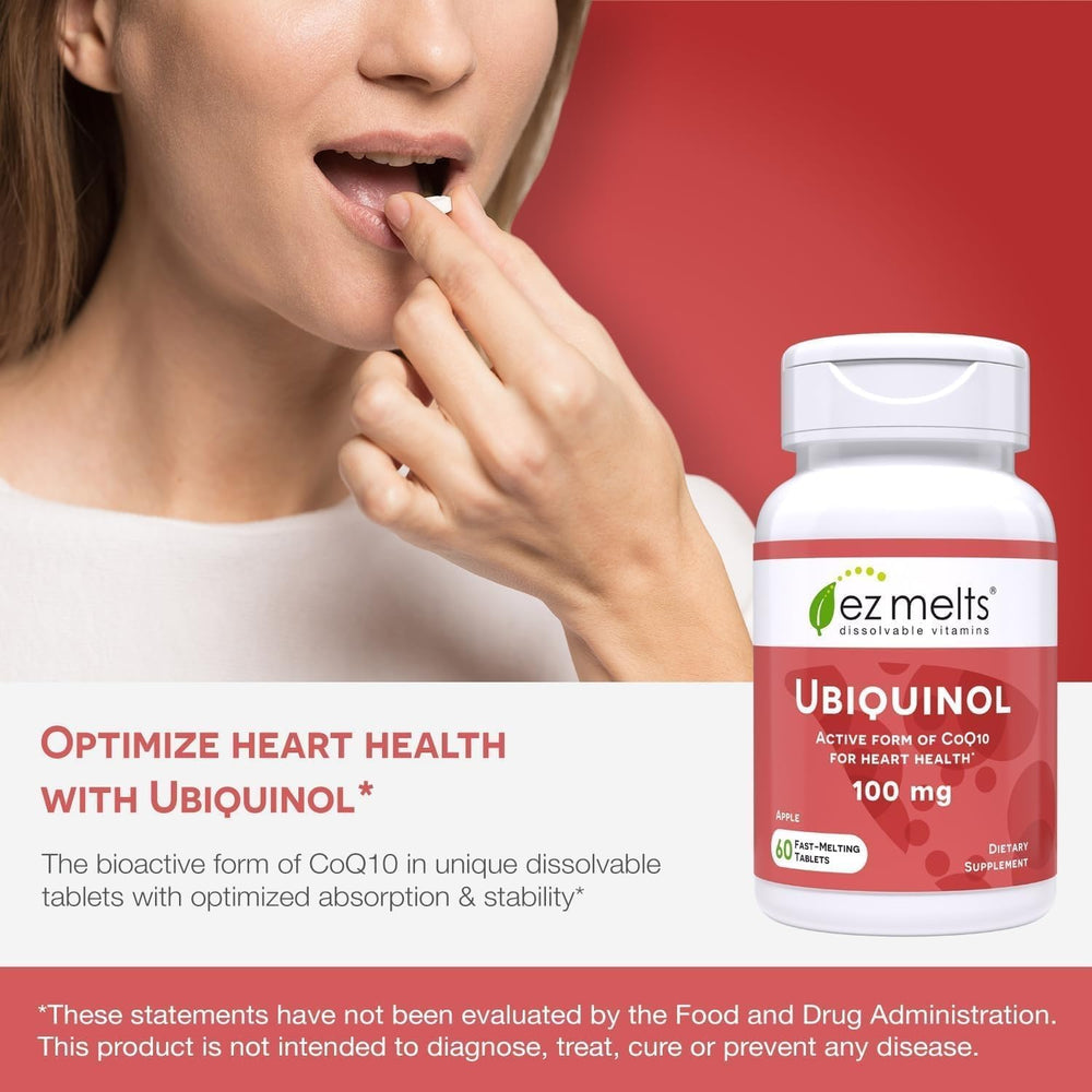 EZ Melts Ubiquinol 120-serving bottle showcases long-term daily support.