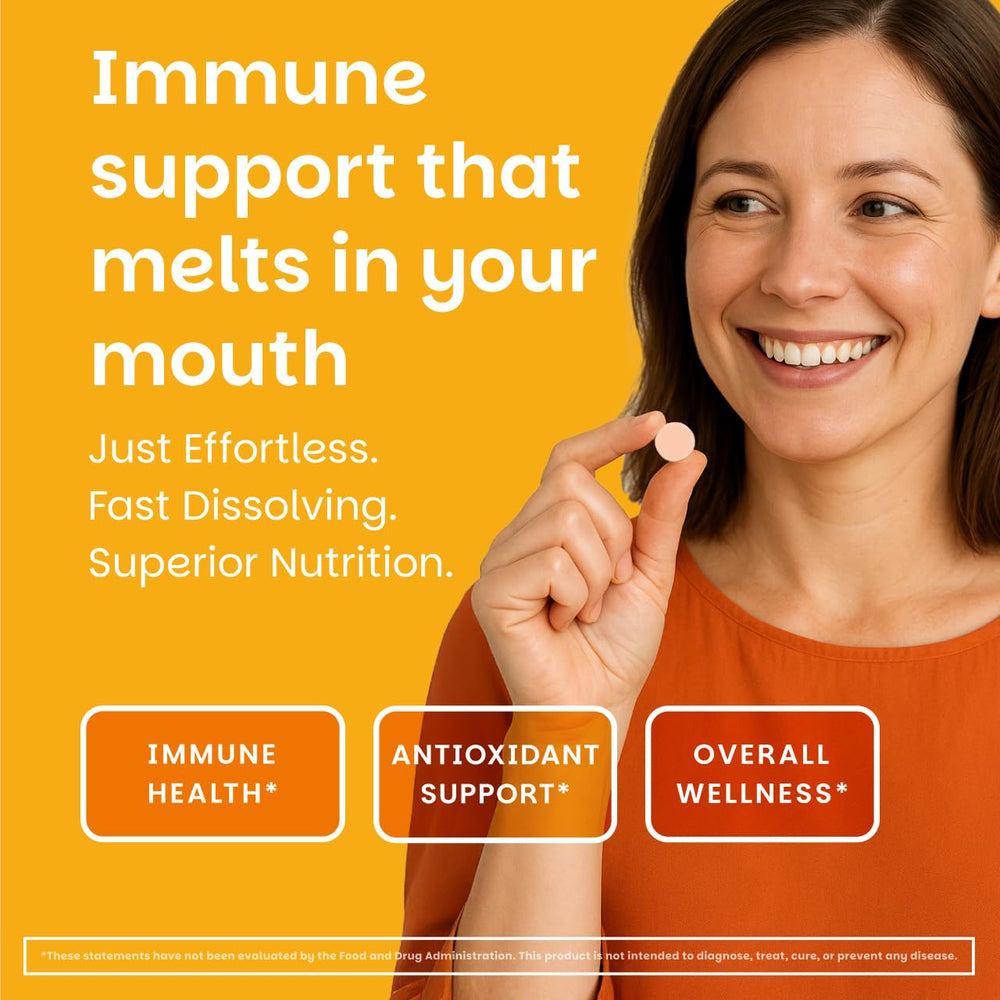 Dissolving EZ Melts Vitamin C tablet on tongue for quick daily intake.
