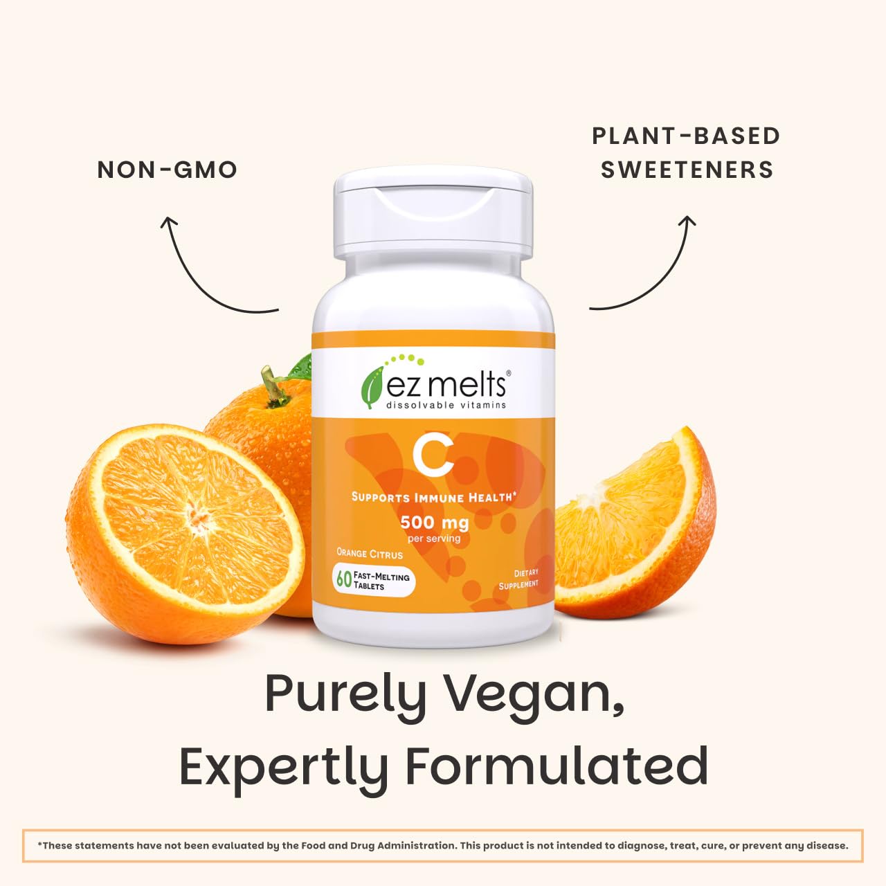 No artificial flavors label on EZ Melts Vitamin C bottle.