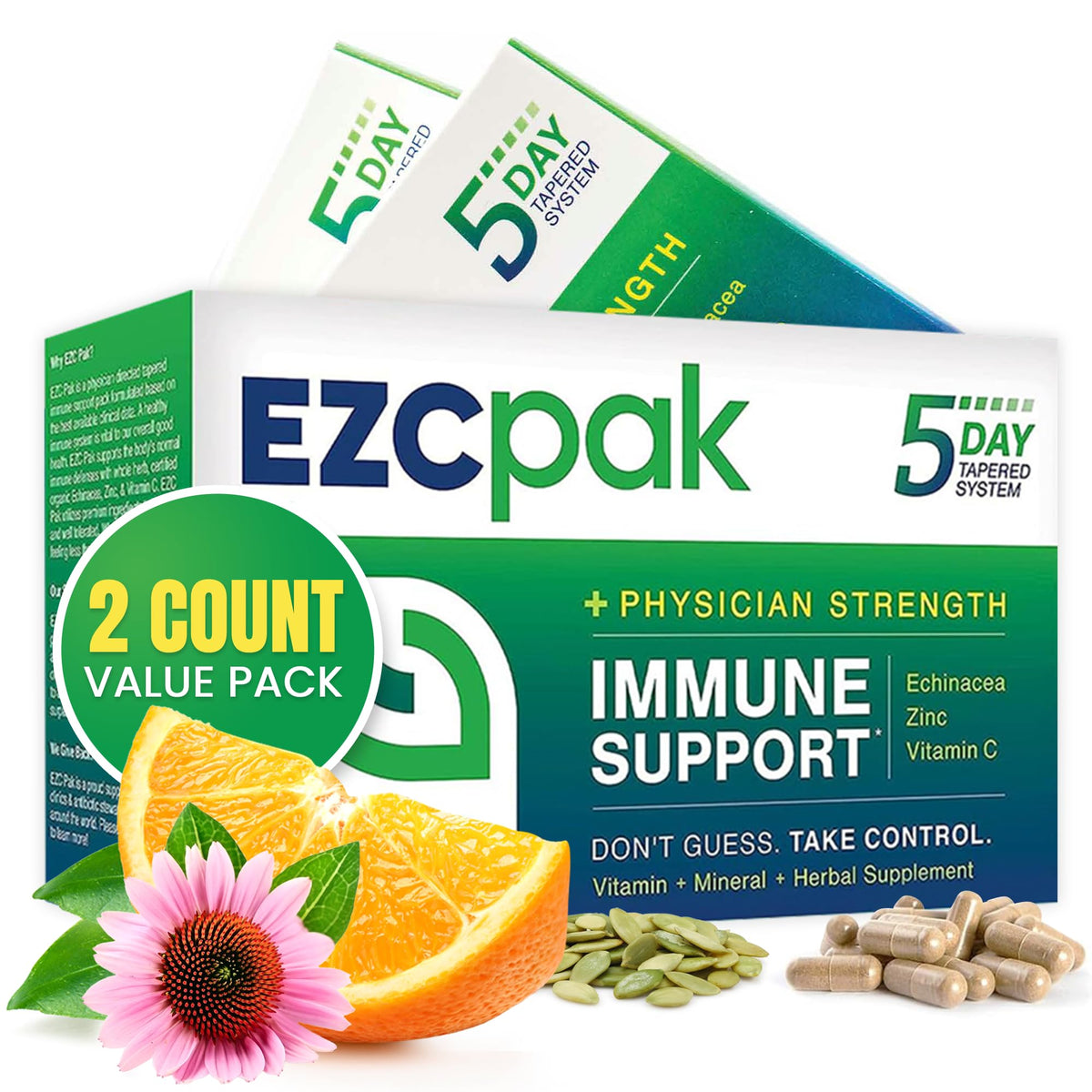 EZC Pak bottle showing the 5-day taper designed for immune support.