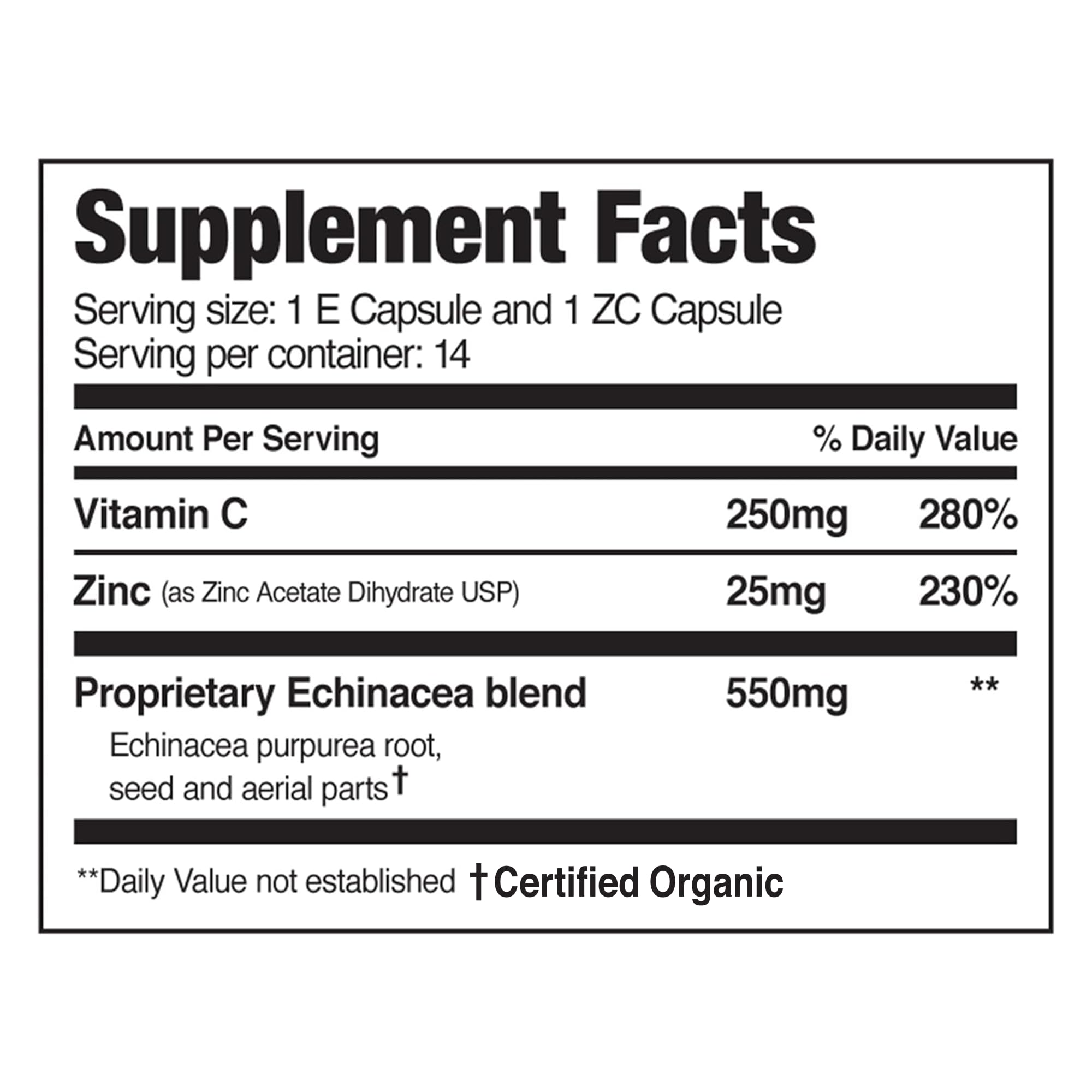 EZC Pak bottle label close-up highlighting echinacea, zinc, and vitamin C for immune support.