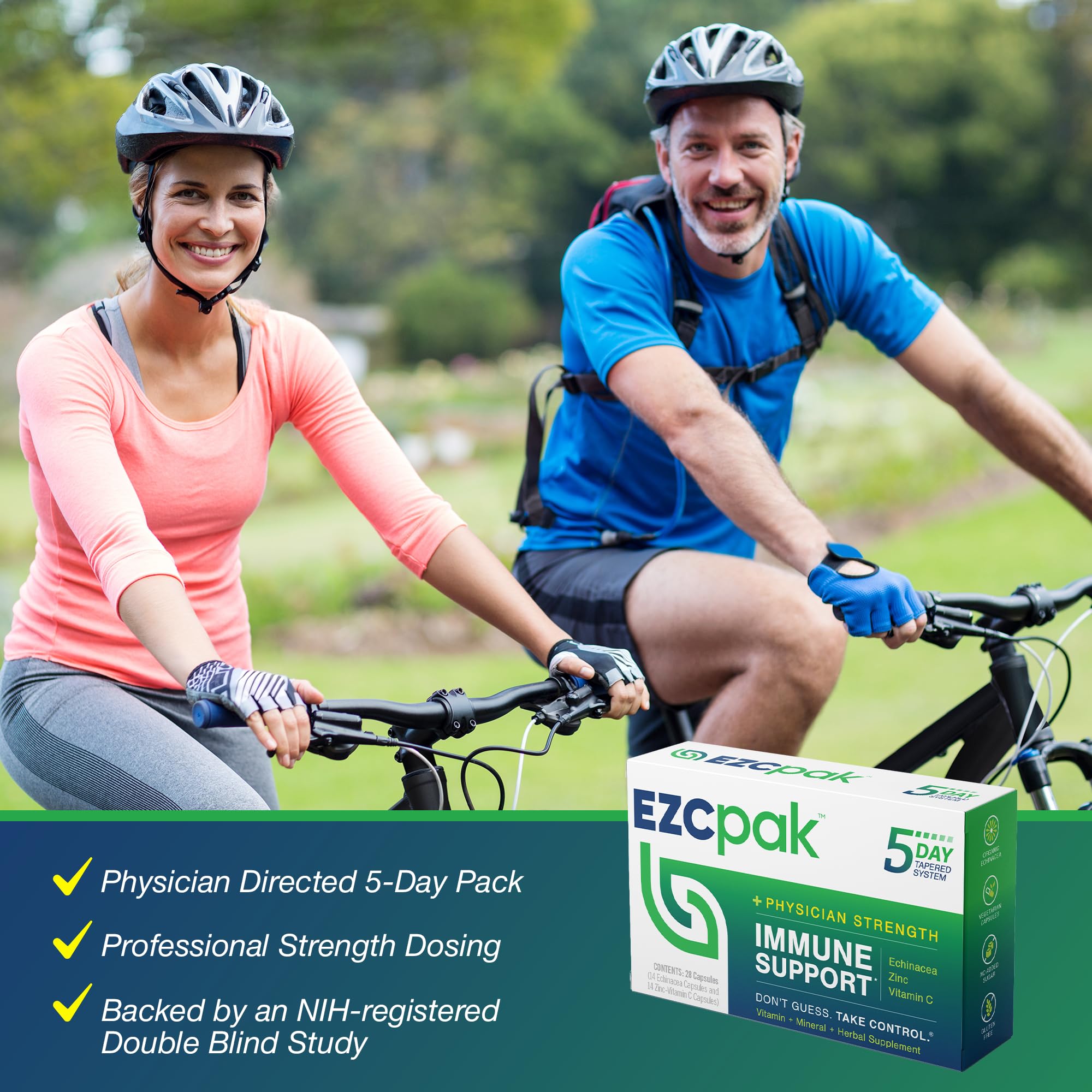 EZC Pak daily pills illustration suggesting straightforward, professional-strength immune boost.