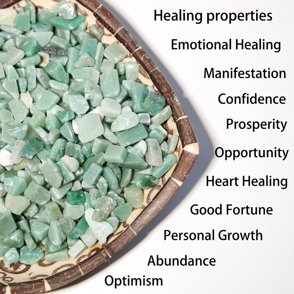 EZhandcraft green aventurine chips in display bowl for aquarium decor.