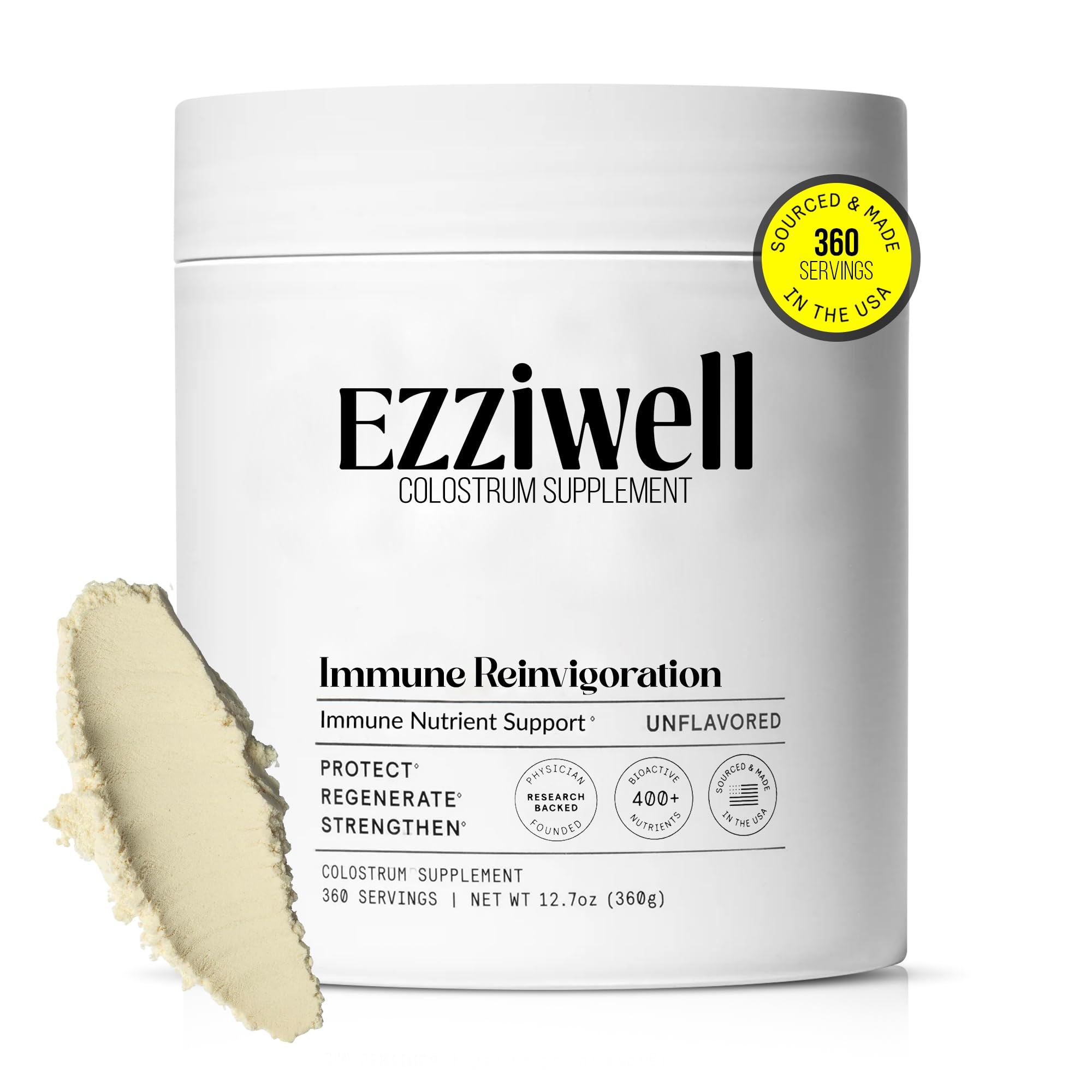 EZZIWELL Colostrum Powder bottle shows purity and bioactive nutrients for daily vitality