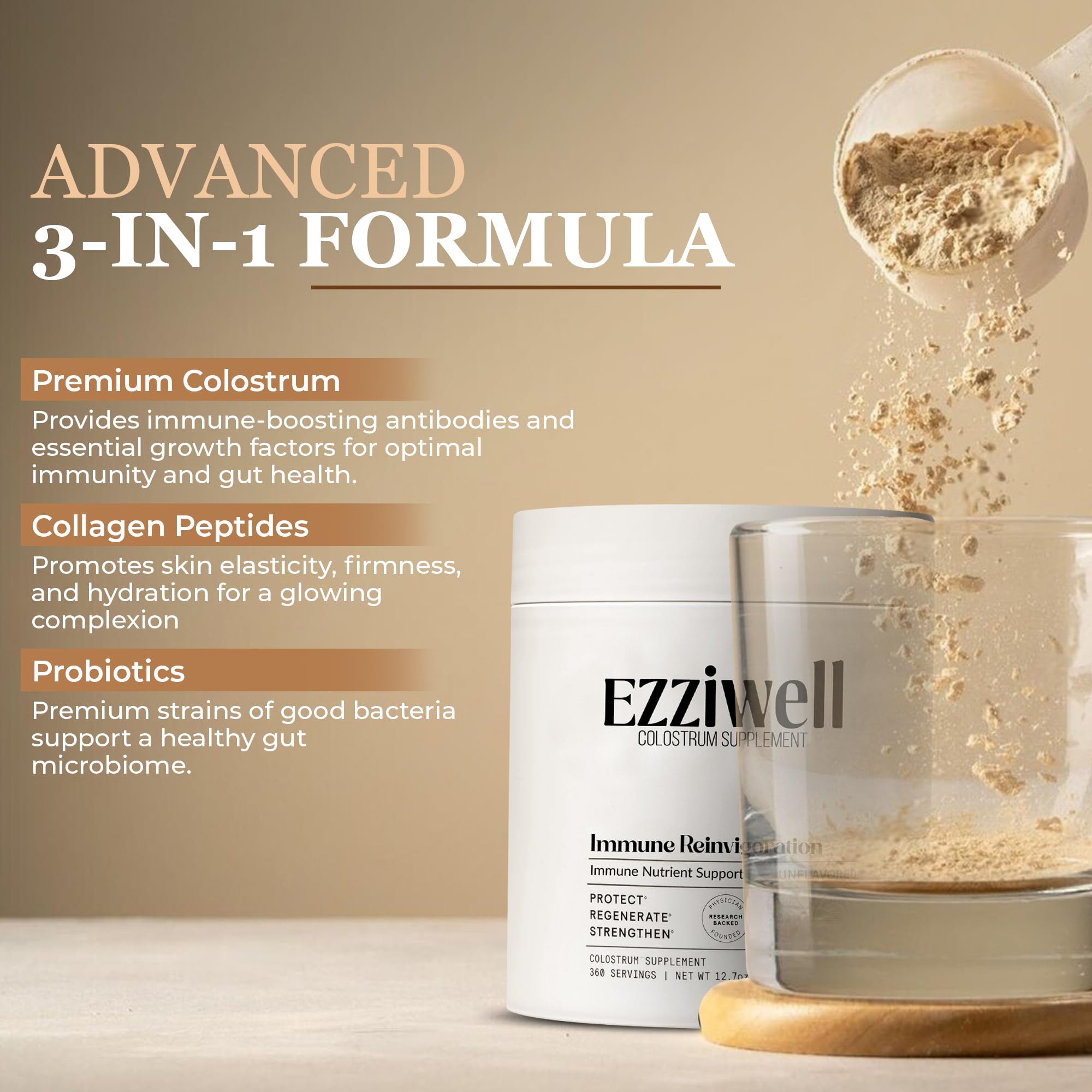 EZZIWELL Colostrum Powder packaging highlights grass-fed sourcing and high-quality ingredients