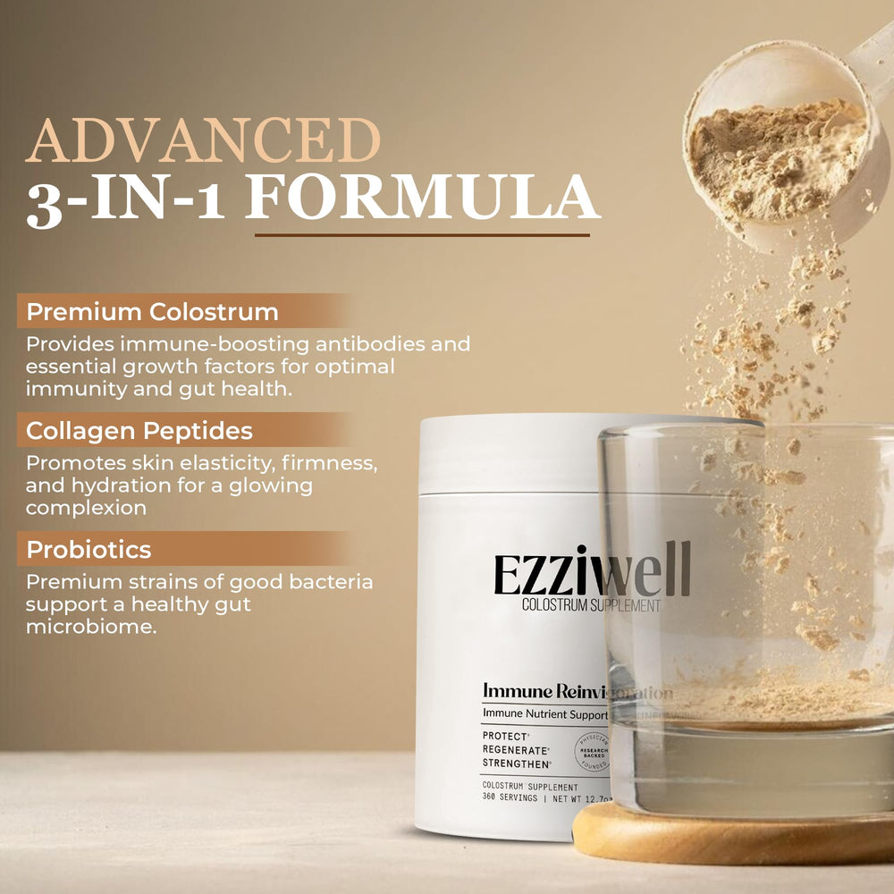 EZZIWELL Colostrum Powder packaging highlights grass-fed sourcing and high-quality ingredients