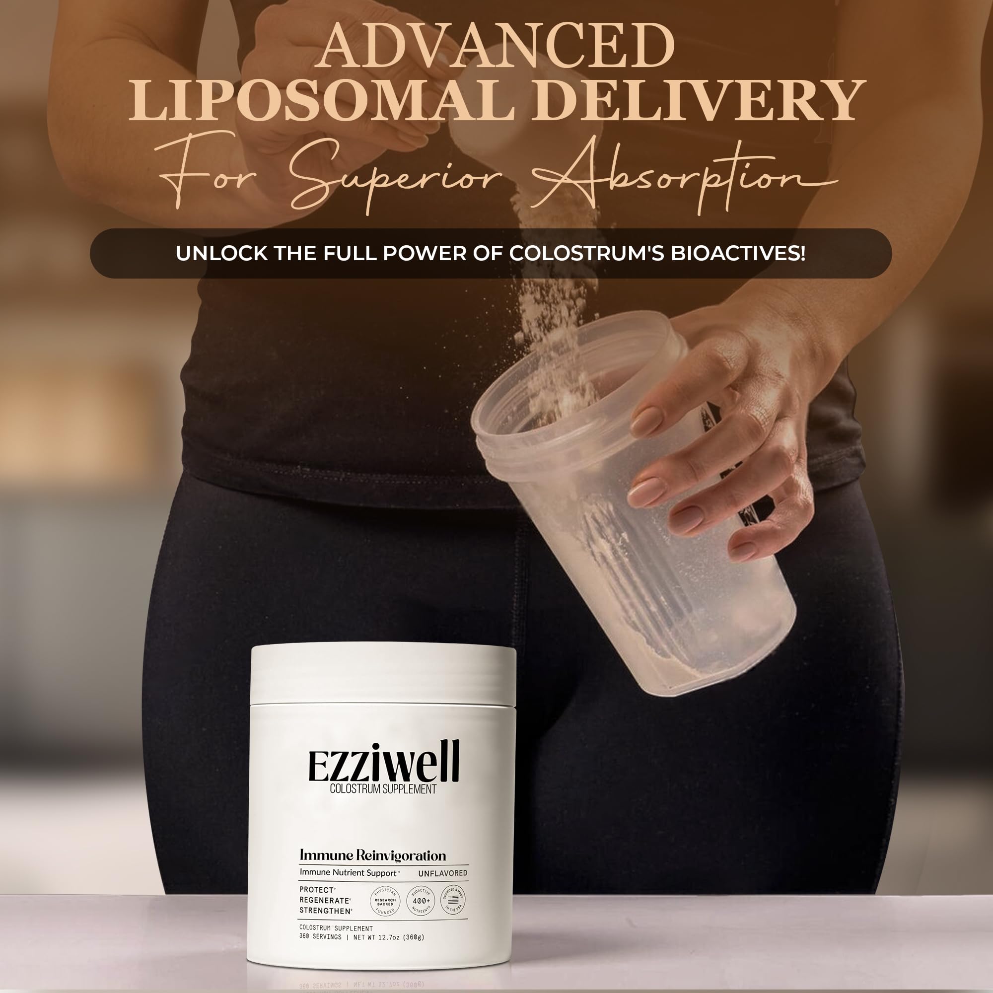 Pour action of EZZIWELL Colostrum Powder ready for smoothies or water