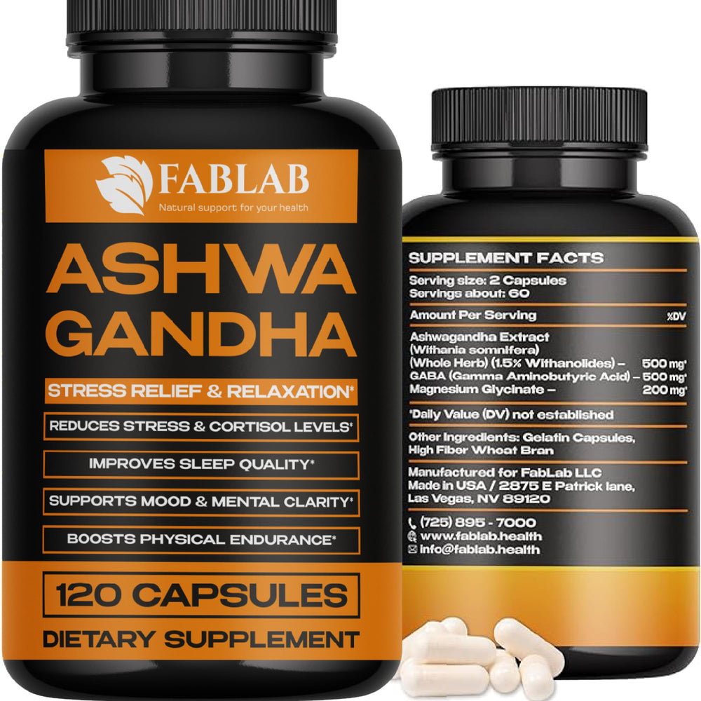 FabLab Ashwagandha GABA Magnesium bottle shows calm-support for daily wellness