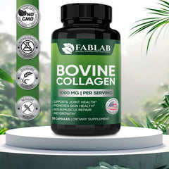 FabLab Bovine Collagen capsules closeup with hydrolyzed peptides for absorption.