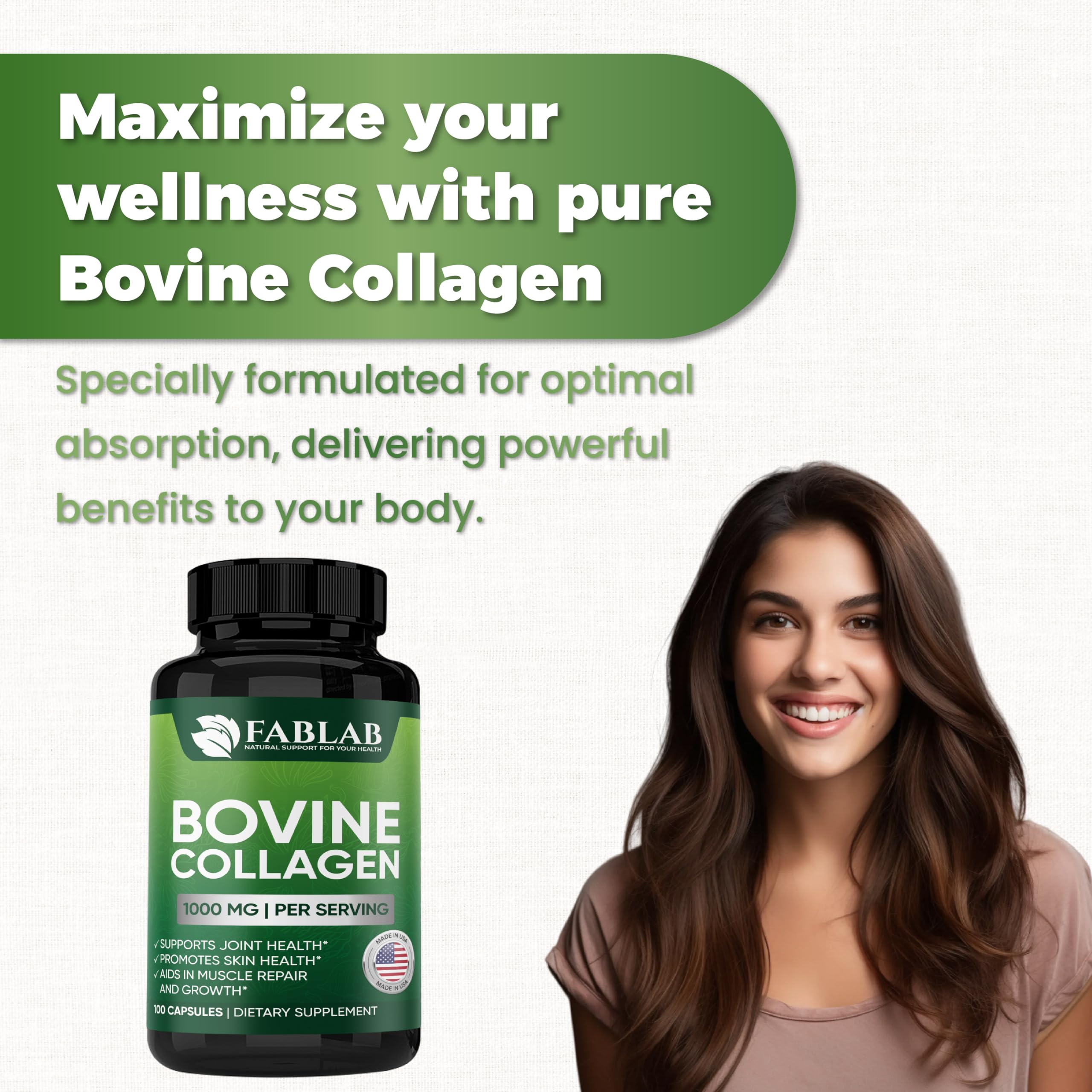 FabLab Bovine Collagen capsules pouring into hand for daily use.