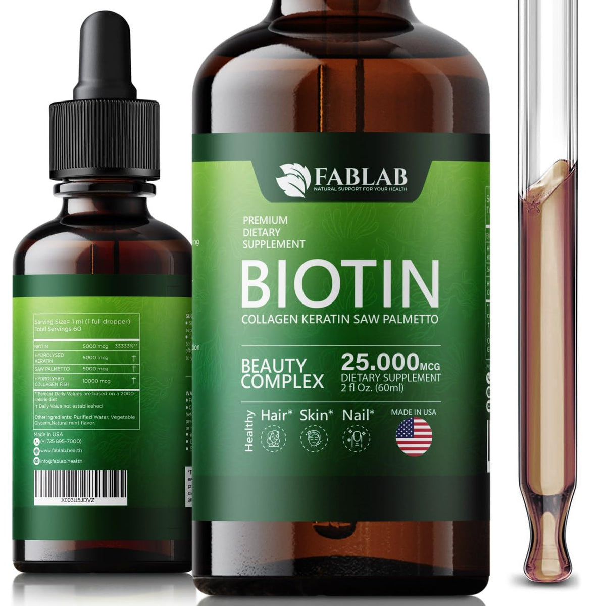 FabLab liquid collagen bottle highlighting hair, skin and nails benefits