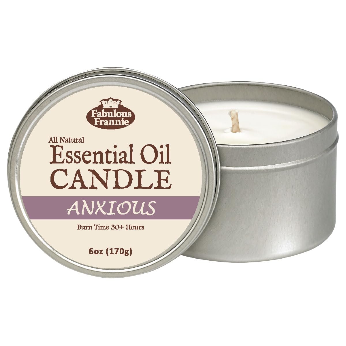 Fabulous Frannie anxious aromatherapy candle in a 6oz tin, top view for unwinding.