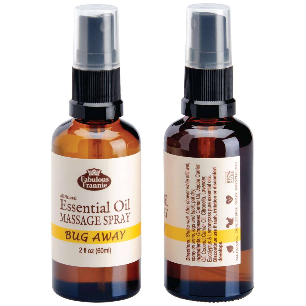 Fabulous Frannie Bug Away essential oil blend with lemongrass and citronella for outdoor freshness.
